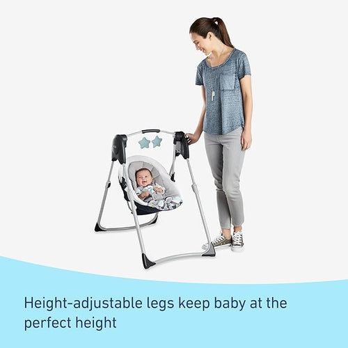 Slim Spaces Compact Baby Swing, Space Saving Portable Bay Swing with Height Adjustable Legs & Soft Toys, Reign