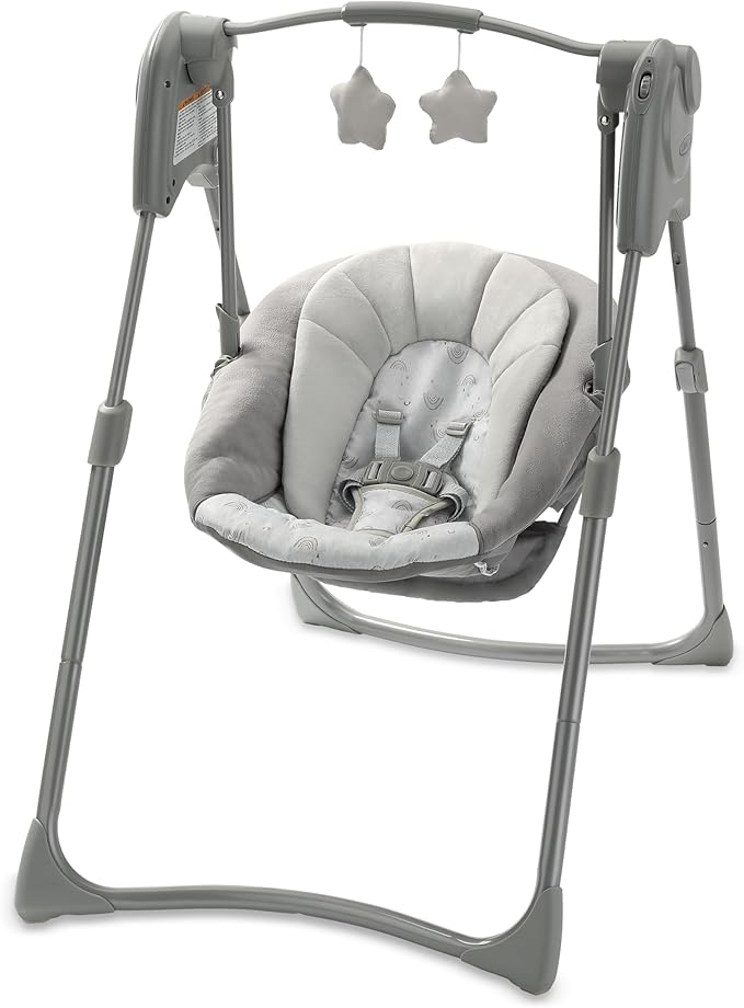 Slim Spaces Compact Baby Swing, Space Saving Portable Bay Swing with Height Adjustable Legs & Soft Toys, Reign