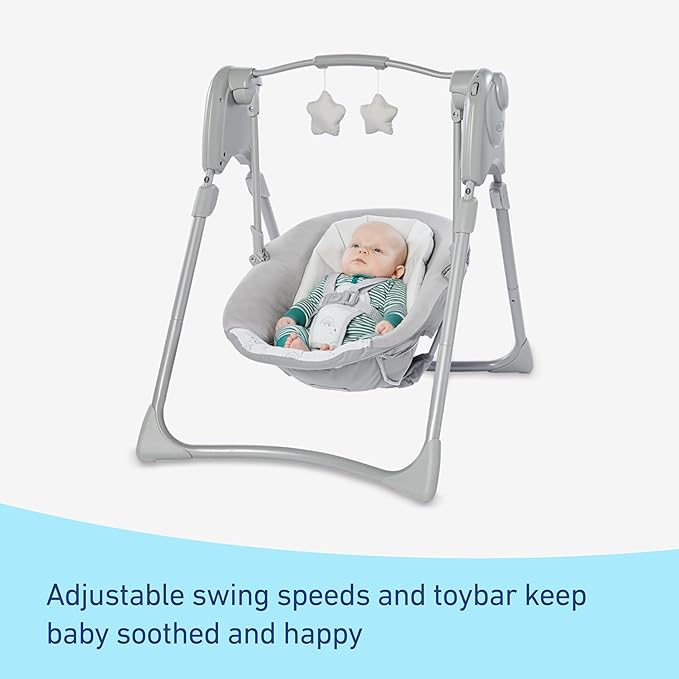 Slim Spaces Compact Baby Swing, Space Saving Portable Bay Swing with Height Adjustable Legs & Soft Toys, Reign